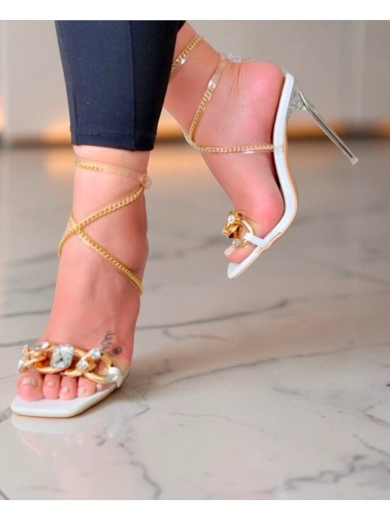 Shoes - Gold & White Strappy High Heels With Rhinestone Chain Detailing & Clear Stiletto